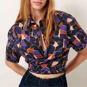 Abstract Geometric Purple & Black Wrap Crop Top - Women